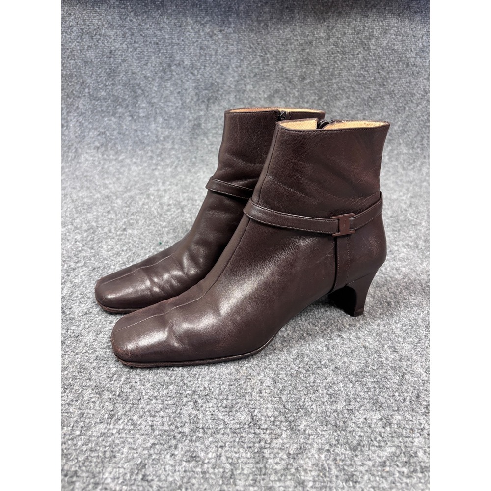 Salvatore Ferragamo Ankle Boots Size 7 Brown Leather‎ Square Toe Kitten Heel